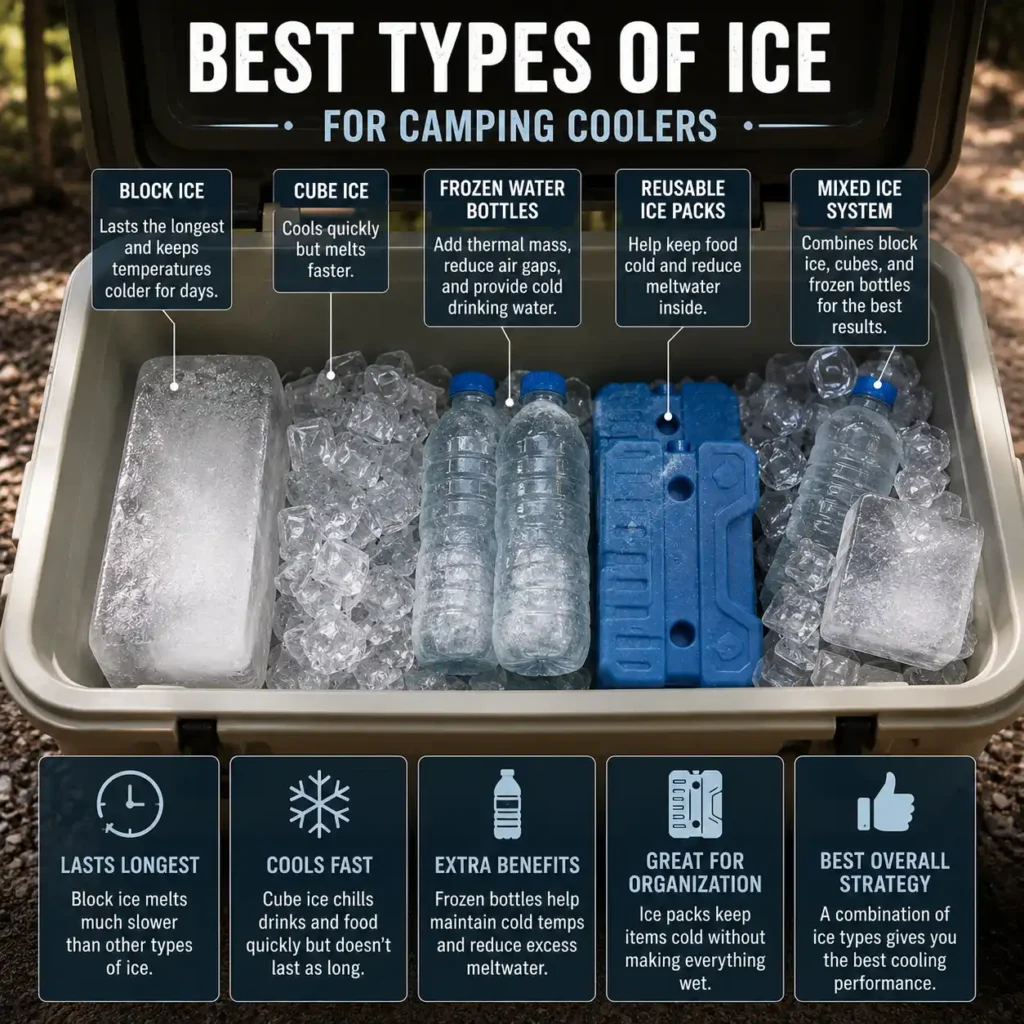 Camping cooler showing block ice, cube ice, frozen water bottles, and reusable ice packs for longer cold retention