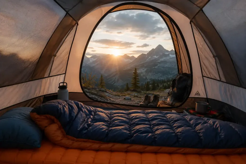 Comfortable camping sleep system inside a tent with insulated sleeping pad, warm sleeping bag, and mountain sunrise view