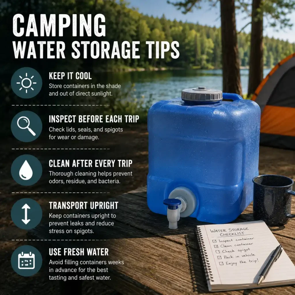 Camping water storage tips infographic showing a portable water container at a lakeside campsite