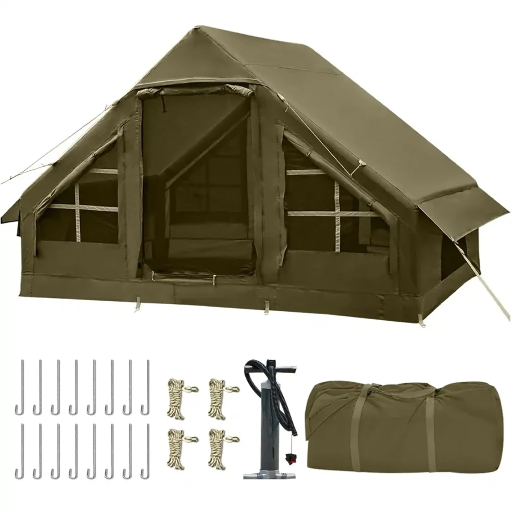 Catnaoa inflatable camping tent setup in windy rainy campground conditions with reinforced air-beam structure