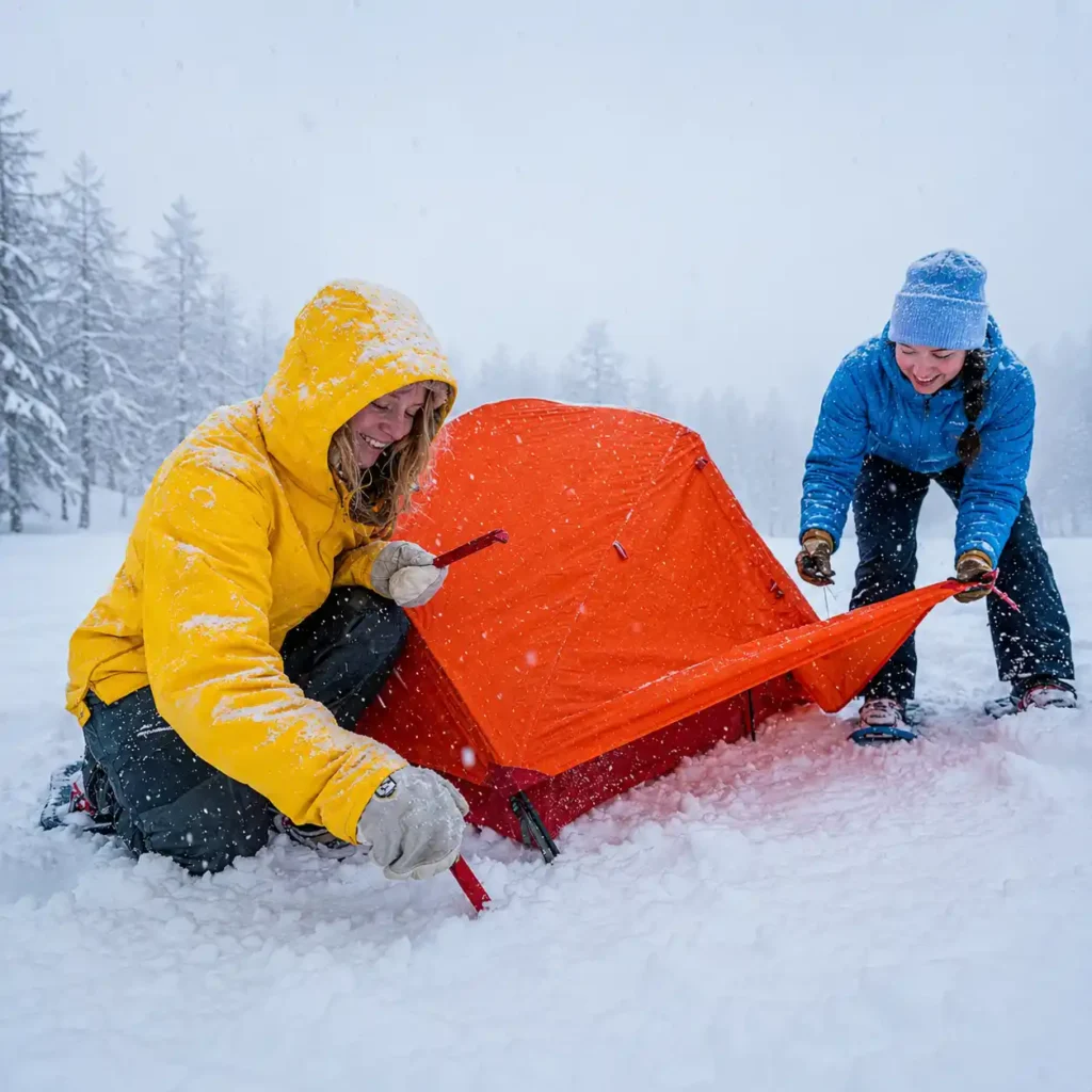 Two women setting up an orange cold-weather camping tent in snowy winter conditions during freezing weather camping