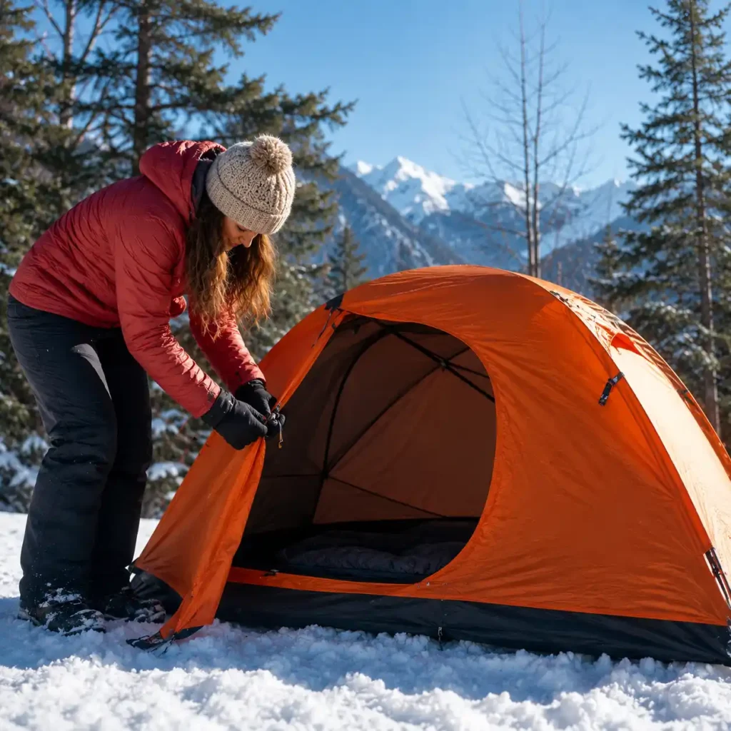 Woman in winter clothing setting up a bright orange cold-weather camping tent in snowy mountain conditions on a sunny winter day