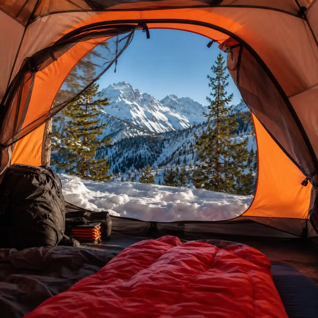 View from inside a bright orange cold-weather camping tent facing snowy mountains on a sunny winter morning