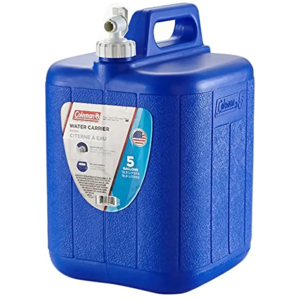 Coleman 5 gallon water carrier at a sunny campground campsite