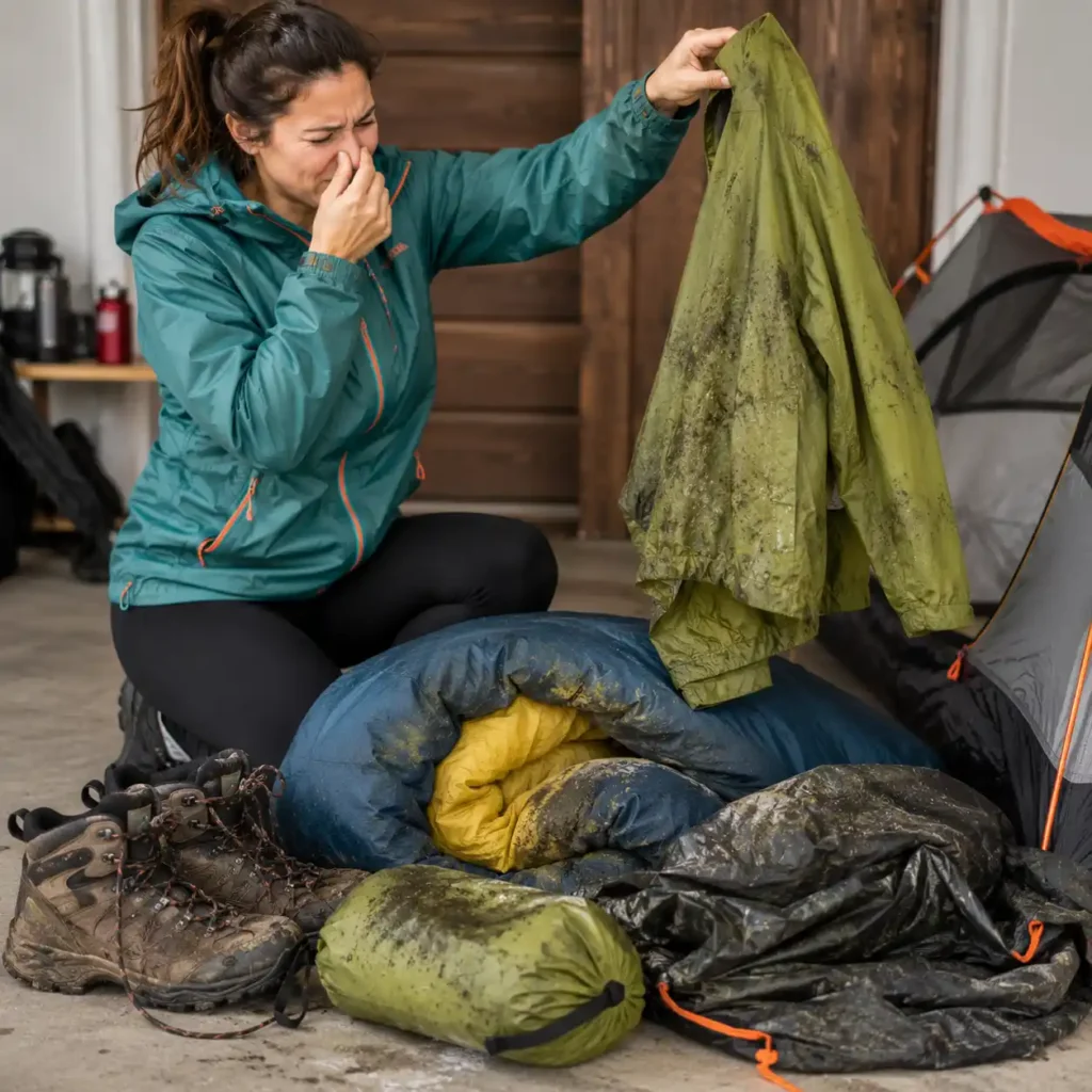 Woman inspecting moldy wet camping gear and damp clothing after improper drying indoors