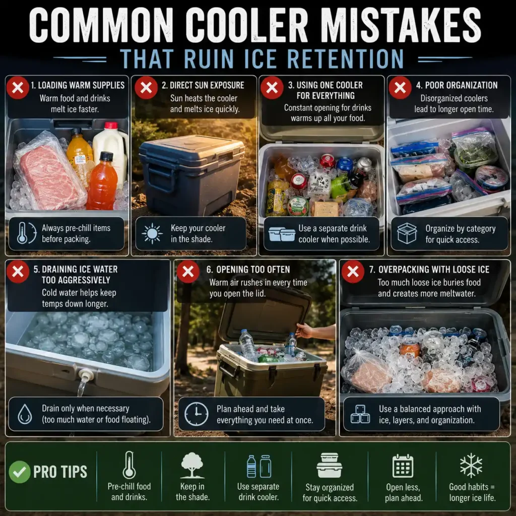 Camping cooler mistakes infographic showing poor food organization, direct sun exposure, and warm food inside coolers