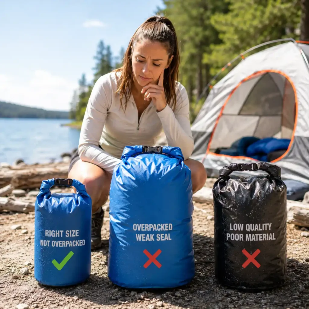 Woman comparing camping dry bags at a sunny lakeside campsite showing common waterproof bag mistakes