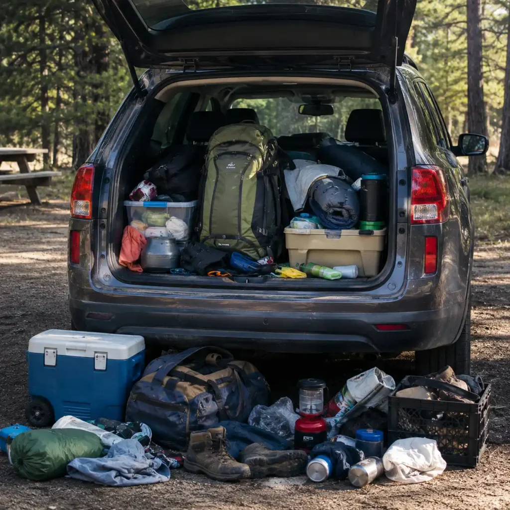 Overloaded camping SUV with scattered gear and disorganized storage at a forest campsite