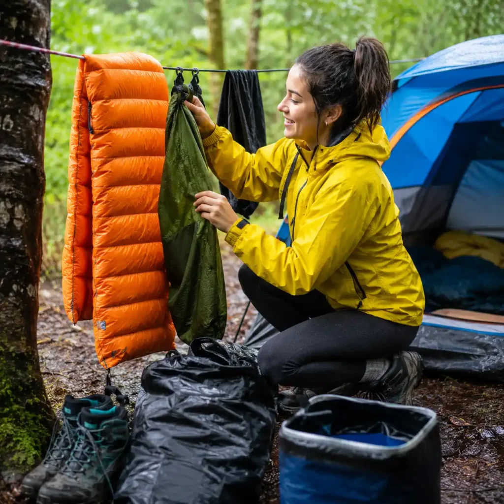 how to dry camping gear fast after rain