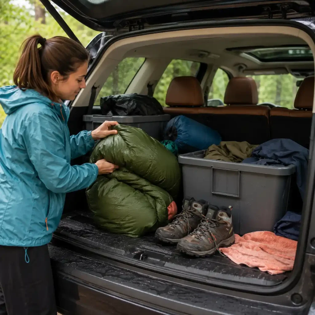 Woman drying wet camping gear inside an SUV after a rainy camping trip