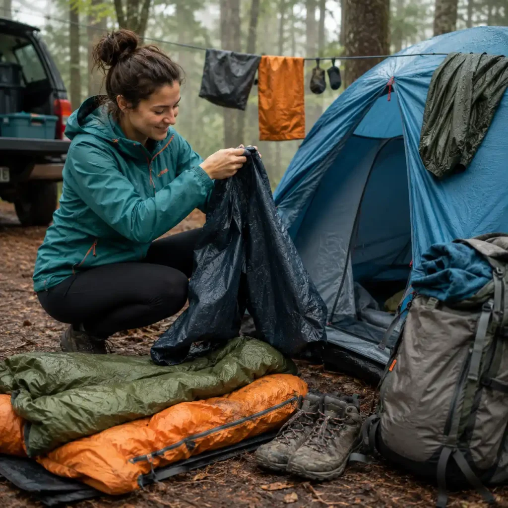 Woman drying wet camping gear beside a blue tent after rain at a forest campsite