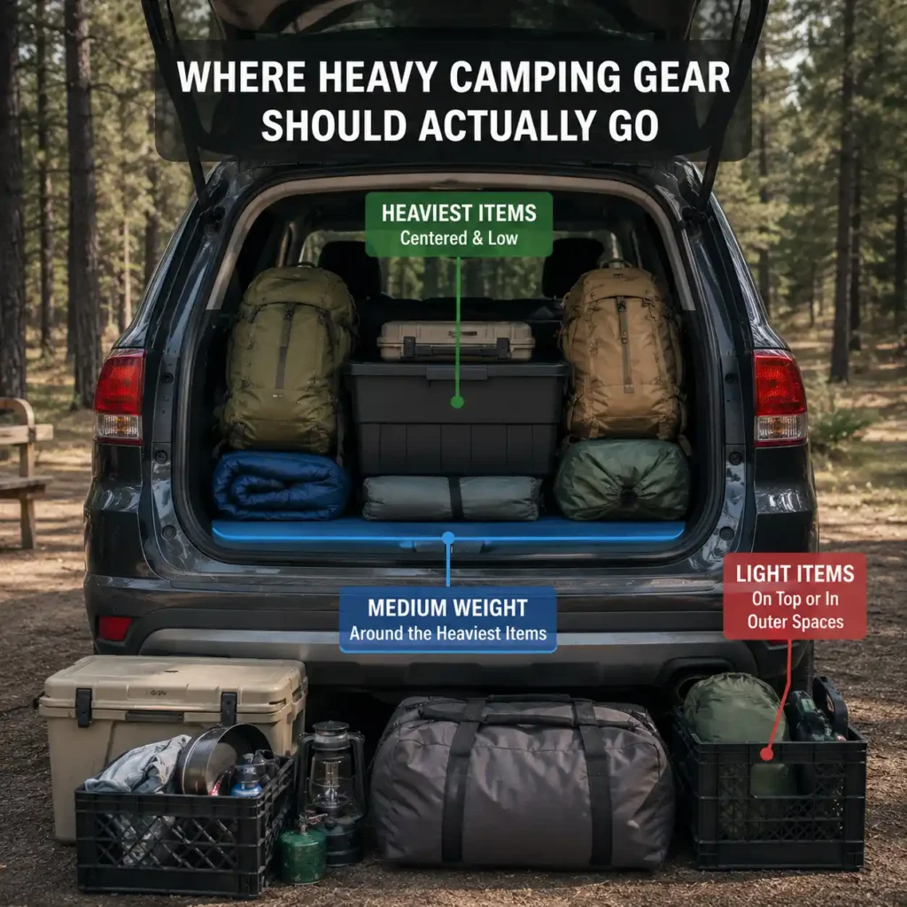 Overloaded camping SUV with scattered gear and disorganized storage at a forest campsite