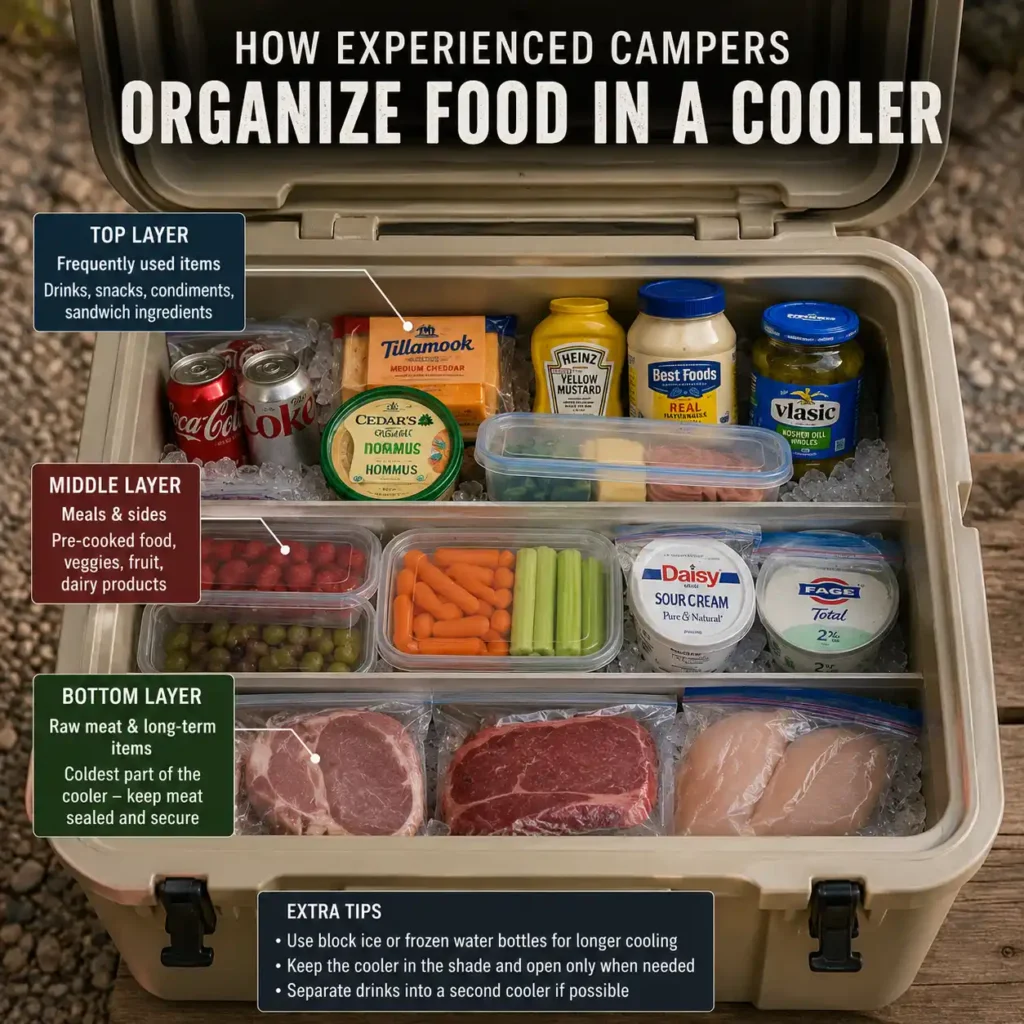 Organized camping cooler with separated food layers, drinks, vegetables, and sealed meat for multi-day camping