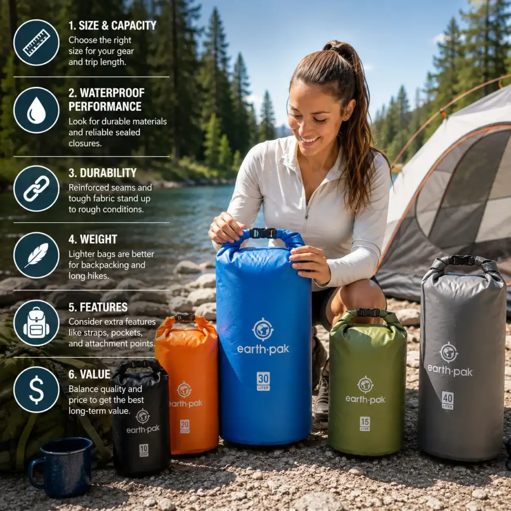 Woman comparing different waterproof camping dry bags beside a sunny lakeside campsite