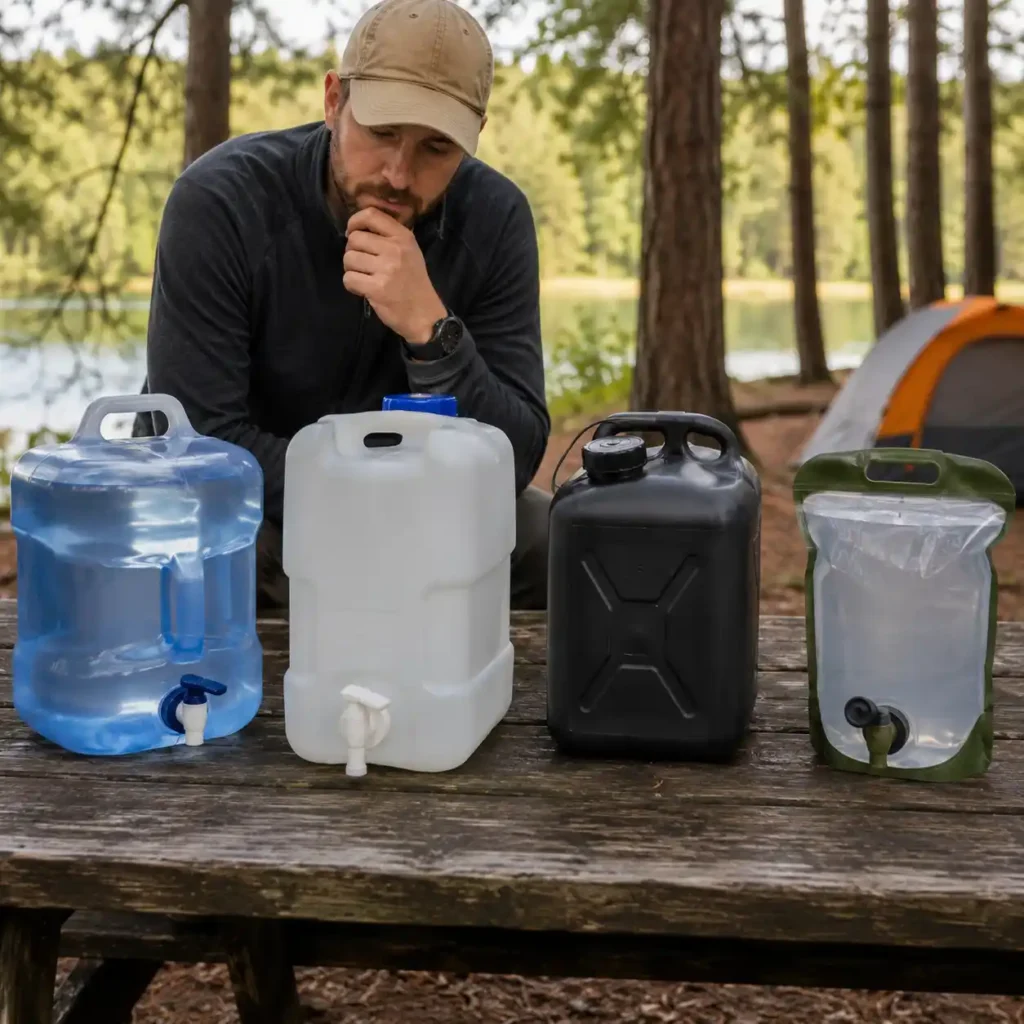 Camper comparing different camping water containers at a lakeside campsite