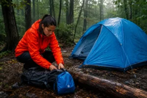 Woman drying wet camping gear beside a blue tent in a rainy forest campsite after heavy rain