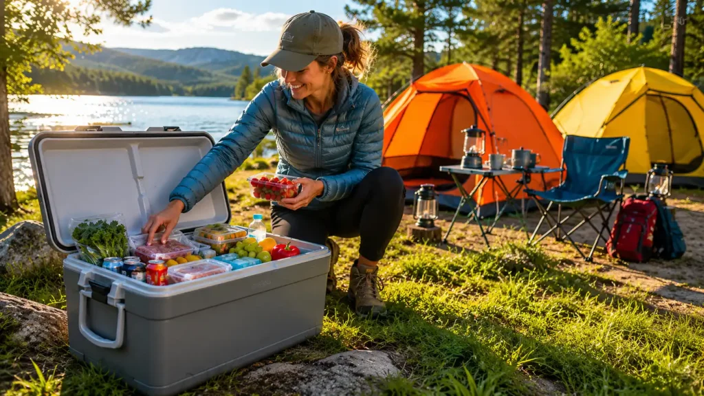 Woman organizing food inside a gray camping cooler at a lakeside campsite with orange and yellow tents