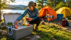 Woman organizing food inside a gray camping cooler at a lakeside campsite with orange and yellow tents