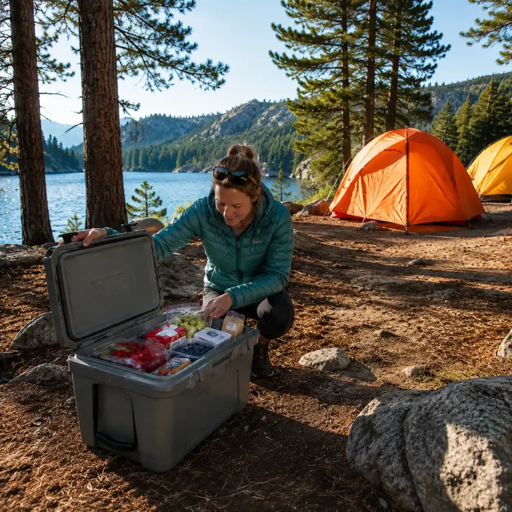 Woman organizing food inside a gray camping cooler beside orange tents at a sunny lakeside campsite