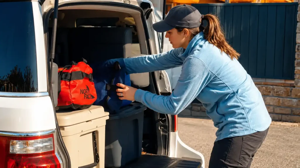 Woman packing camping gear into a white SUV for an organized car camping trip on a sunny day