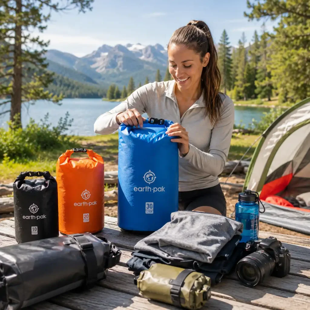 Woman organizing waterproof dry bags and camping gear beside a mountain lake during outdoor testing