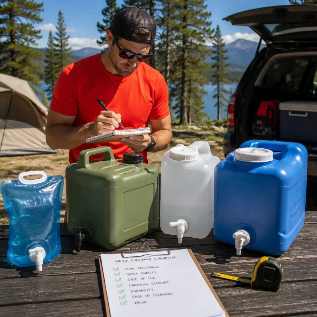 Camper testing different camping water containers at a sunny lakeside campsite