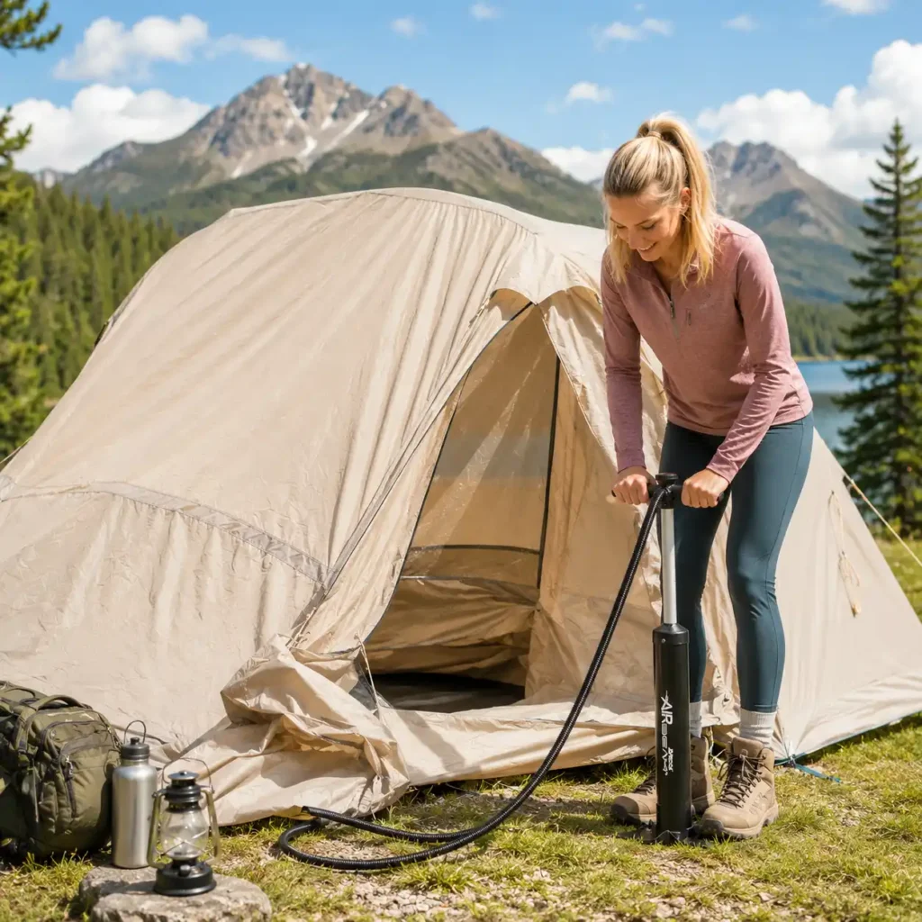 Blonde woman inflating a beige air-beam camping tent at a sunny mountain campsite beside a lake