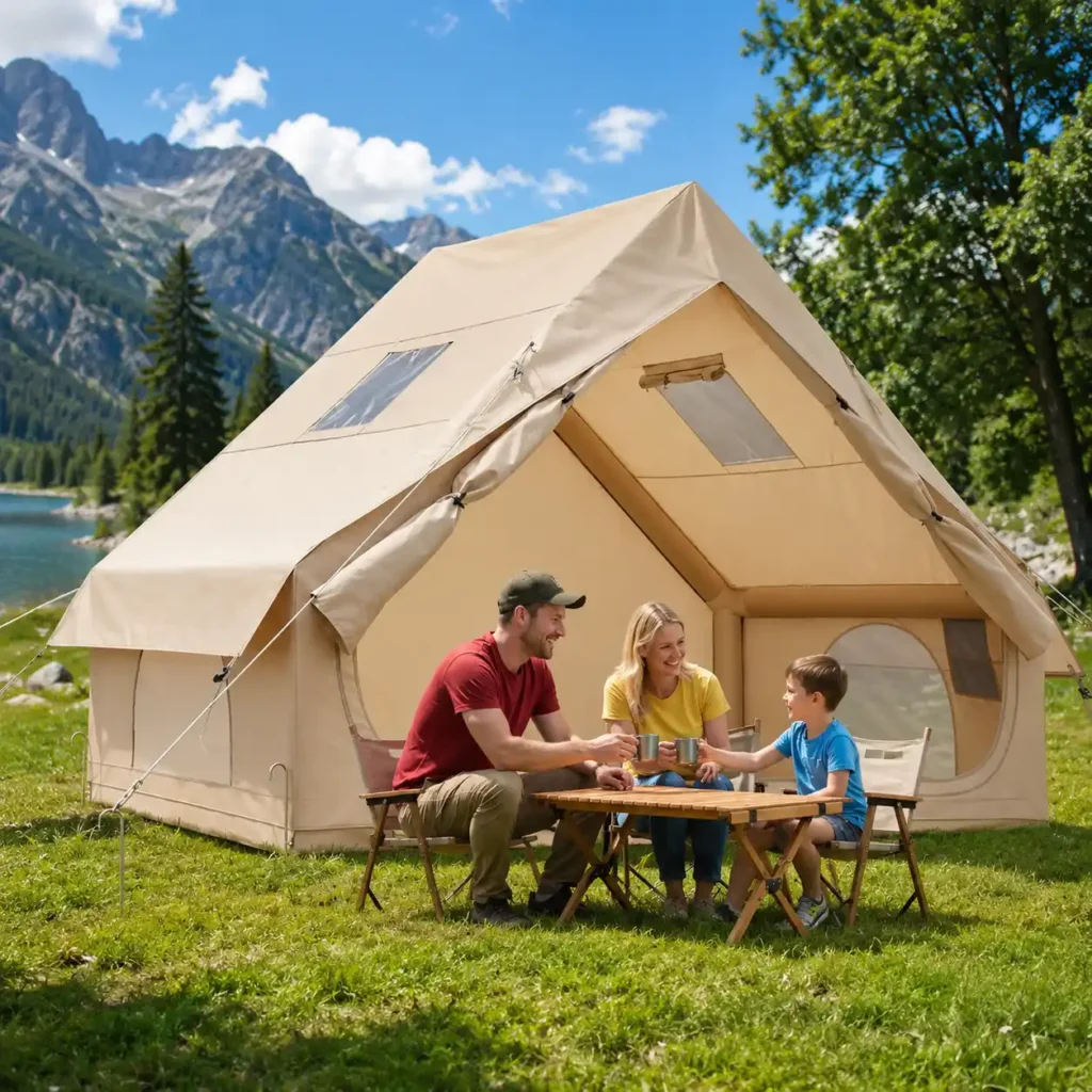 Family relaxing beside a beige inflatable camping tent near a mountain lake on a sunny day