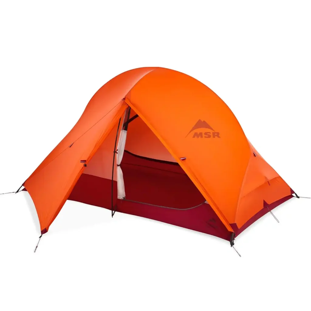 MSR Access 2 cold-weather camping tent in snowy mountain conditions during winter camping