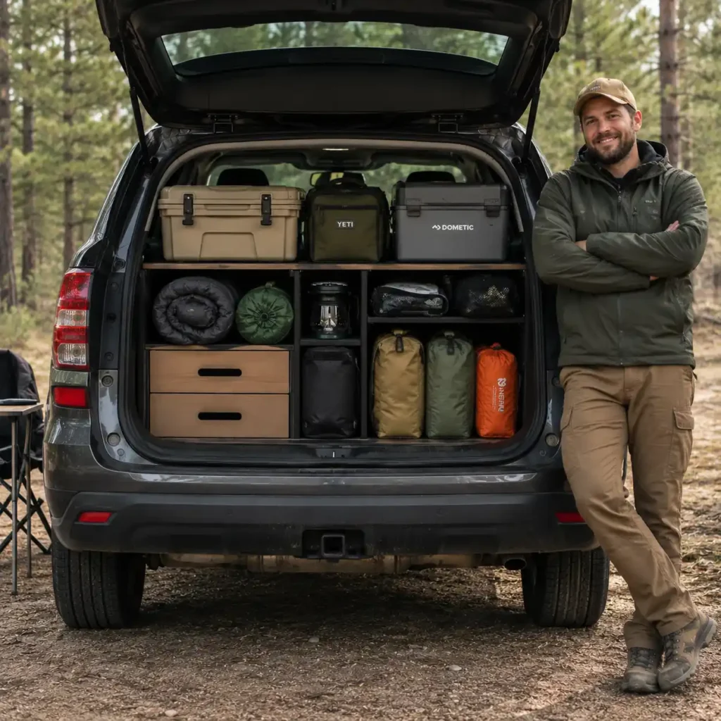 Man standing beside an organized SUV camping setup with neatly packed outdoor gear at a forest campsite