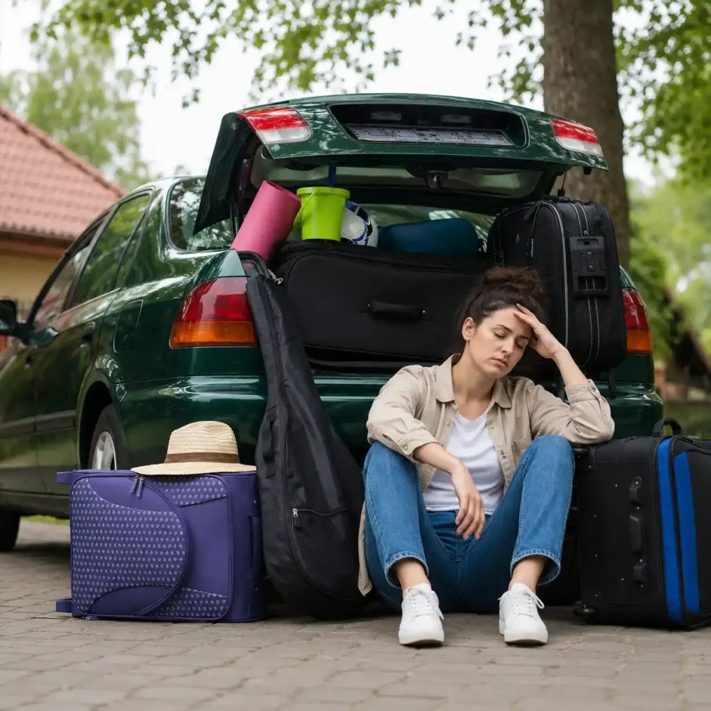 Frustrated woman sitting beside an overloaded dark green car packed with camping gear before a road trip