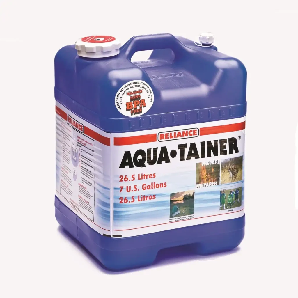 Reliance Aqua-Tainer 7 gallon camping water container at a sunny campsite