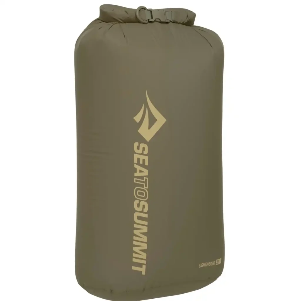 Sea to Summit lightweight dry sack packed inside a hiking backpack during a camping trip