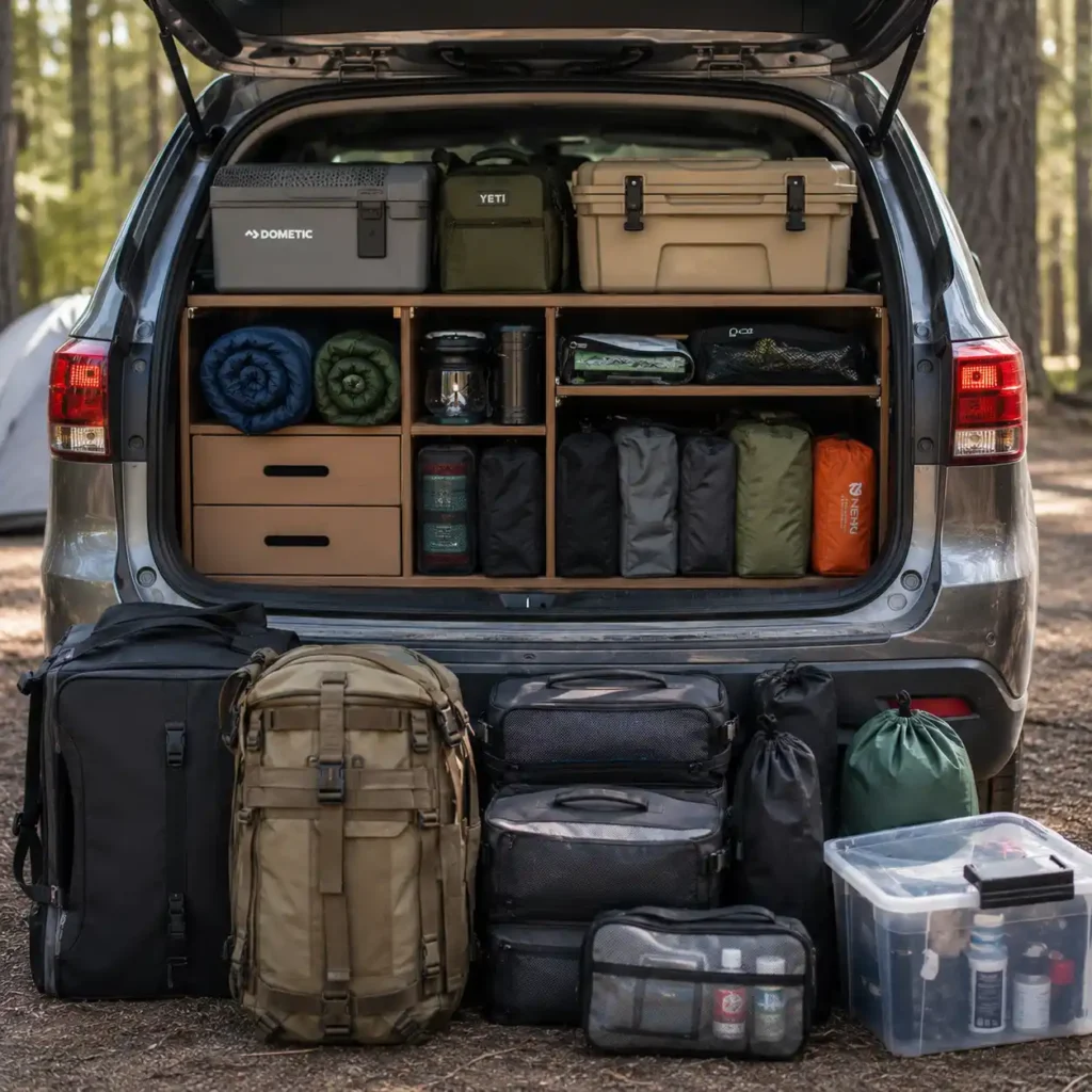 Organized SUV camping storage system with labeled gear zones and smart packing upgrades at a forest campsite