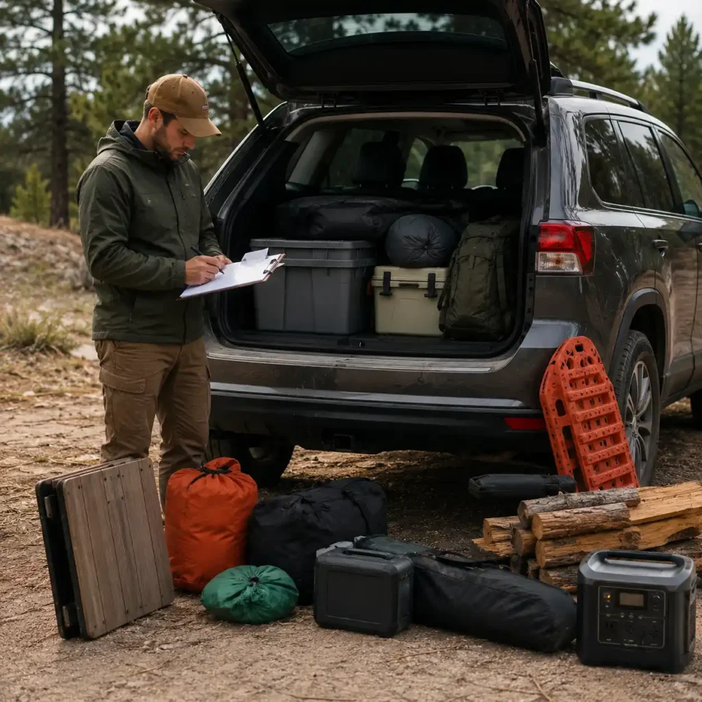 Man organizing camping gear behind an SUV while testing real-world camping packing layouts in a forest campsite