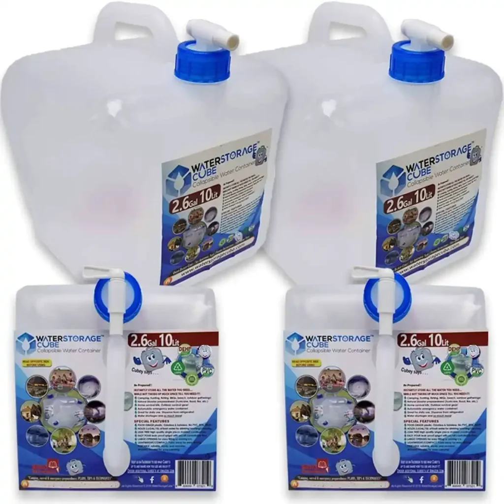 WaterStorageCube collapsible camping water container at a compact campsite setup