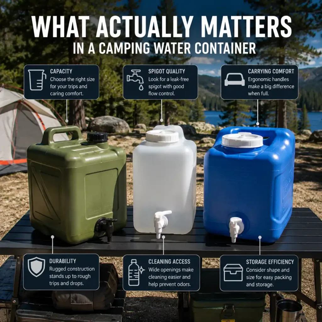 Three camping water containers displayed on a campsite table showing key features such as durability, capacity, spigot quality, and carrying comfort