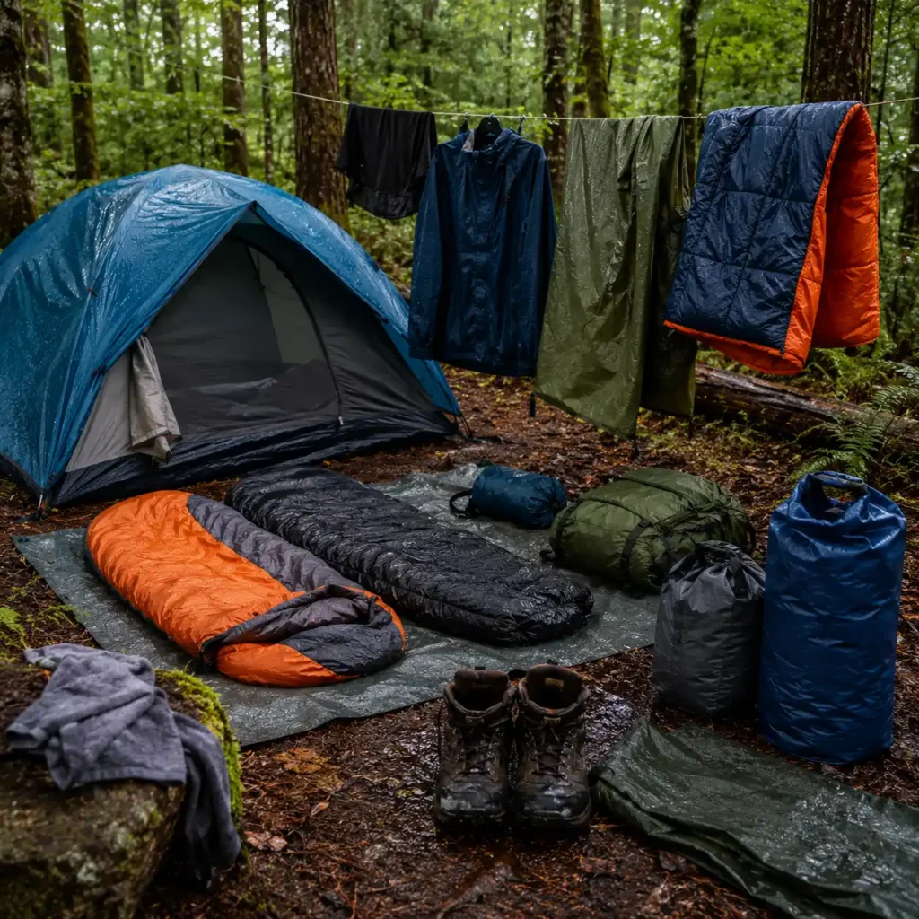 Wet camping gear drying beside a blue tent in a rainy forest campsite after heavy rain