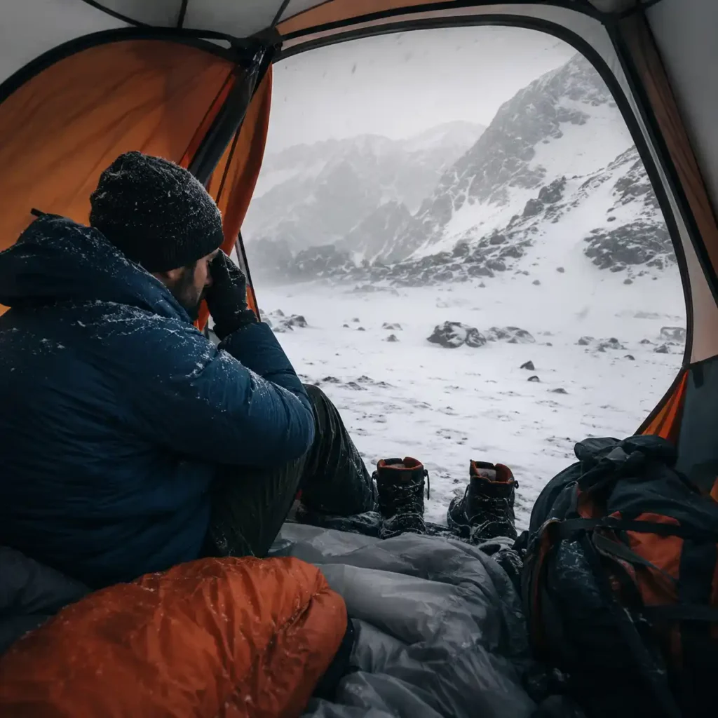 Camper sitting inside a tent during extreme snowy mountain conditions in cold-weather camping