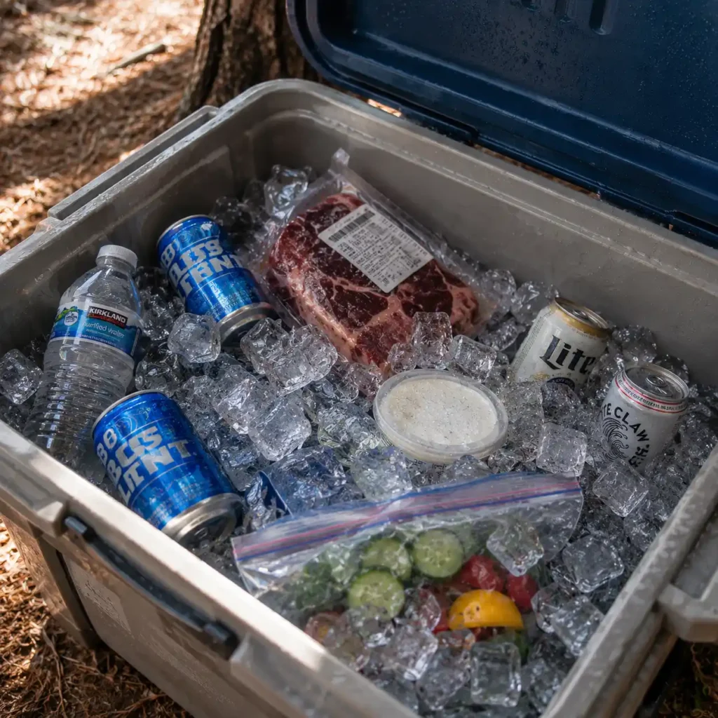 Open camping cooler filled with melting ice, drinks, meat, and food during a warm campground trip