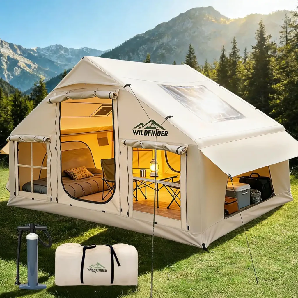 WildFinder inflatable camping tent setup at a forest campground during a family camping trip