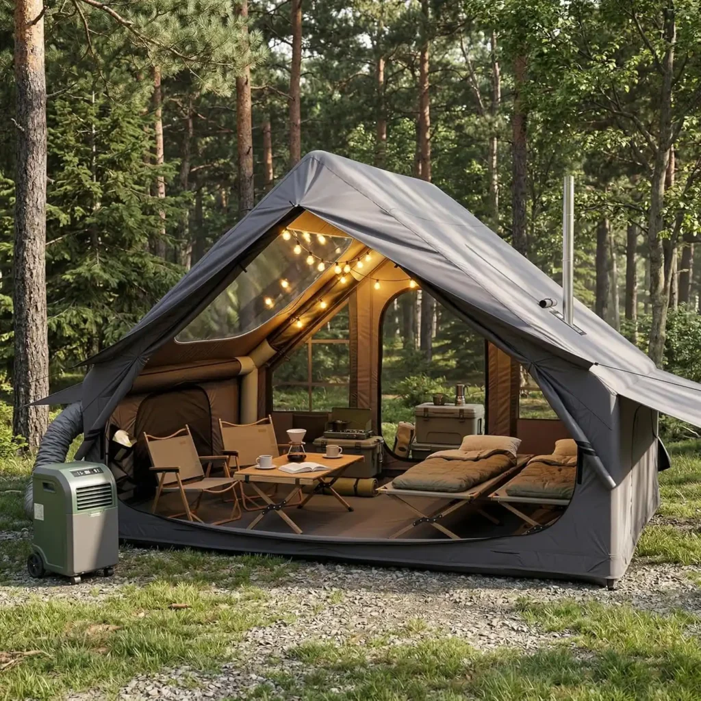 YOYIOTDR inflatable camping tent with panoramic skylight setup at a luxury campground