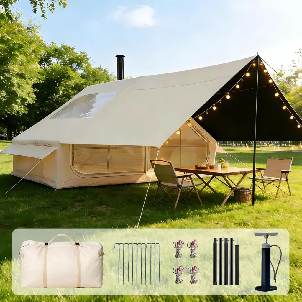 Ziziella inflatable glamping tent setup at a spacious family campground with large air-beam structure