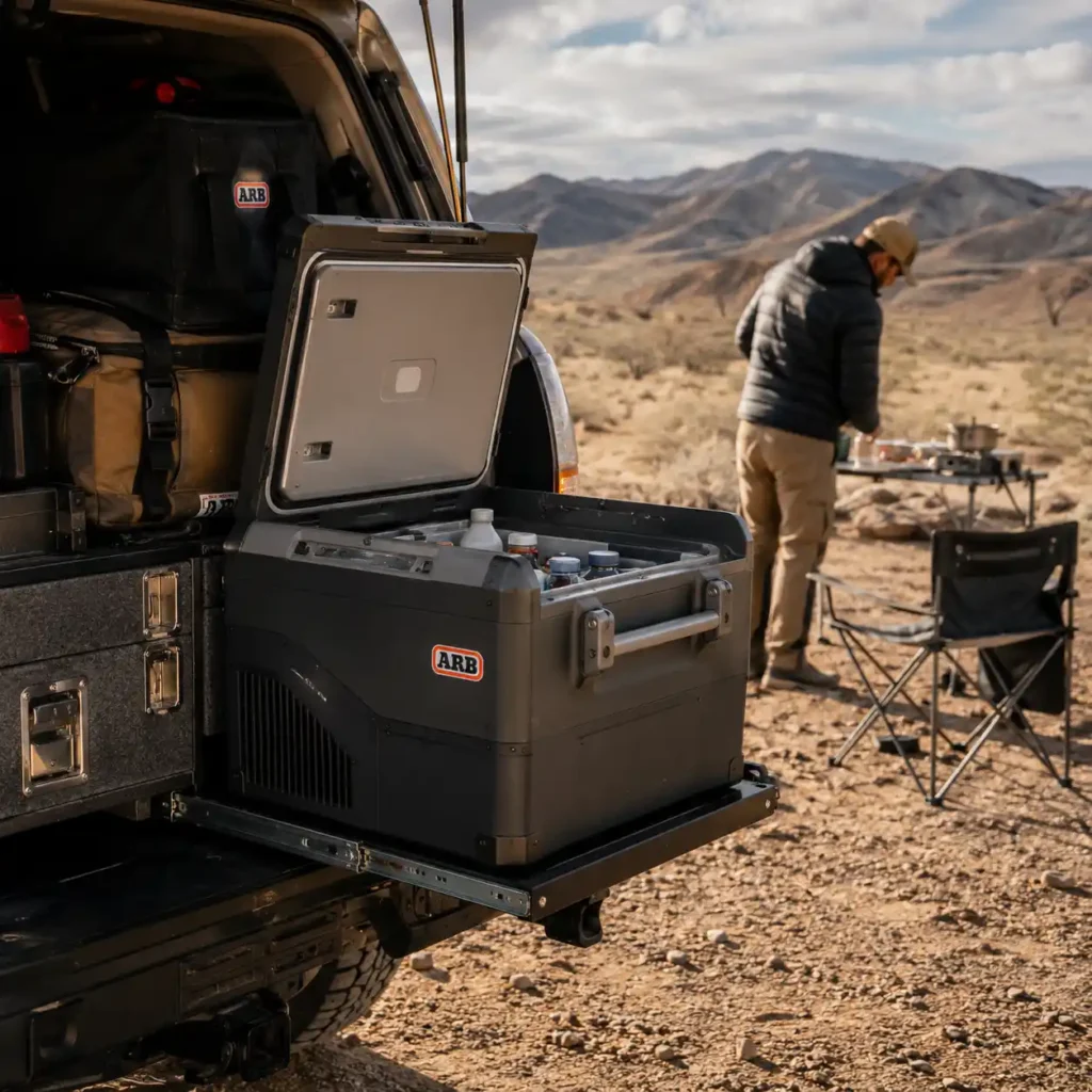 ARB Portable Fridge Freezer 47QT mounted on a vehicle slide during a remote overlanding camping trip in the desert