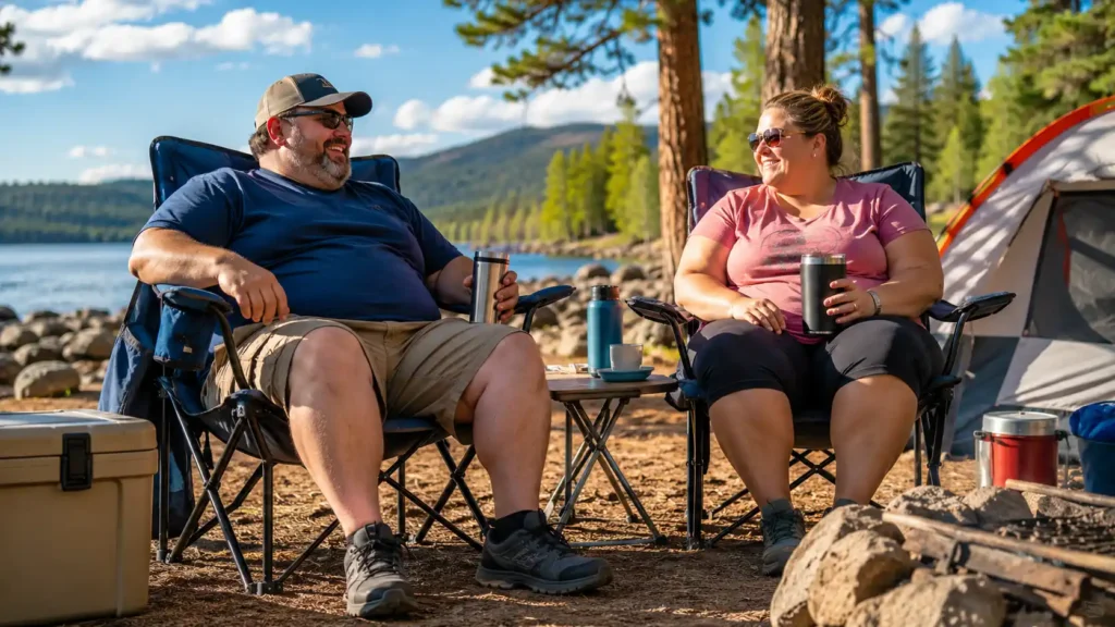 Heavy-set man and woman relaxing in sturdy camping chairs at a sunny lakeside campsite