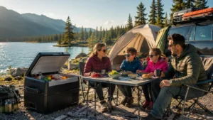Family enjoying a sunny lakeside campsite with a portable camping refrigerator during a car camping trip in 2026