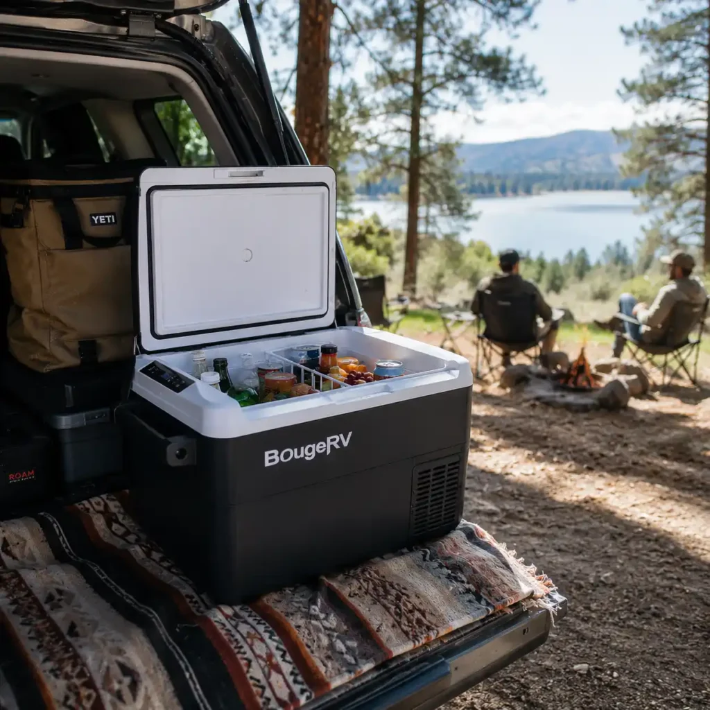 BougeRV 42 Quart portable camping refrigerator at a sunny lakeside campsite during a weekend camping trip