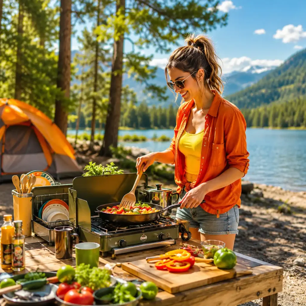 Woman cooking with camp kitchen gear at a lakeside campsite using a camping stove, cookware, and fresh ingredients for outdoor meals.