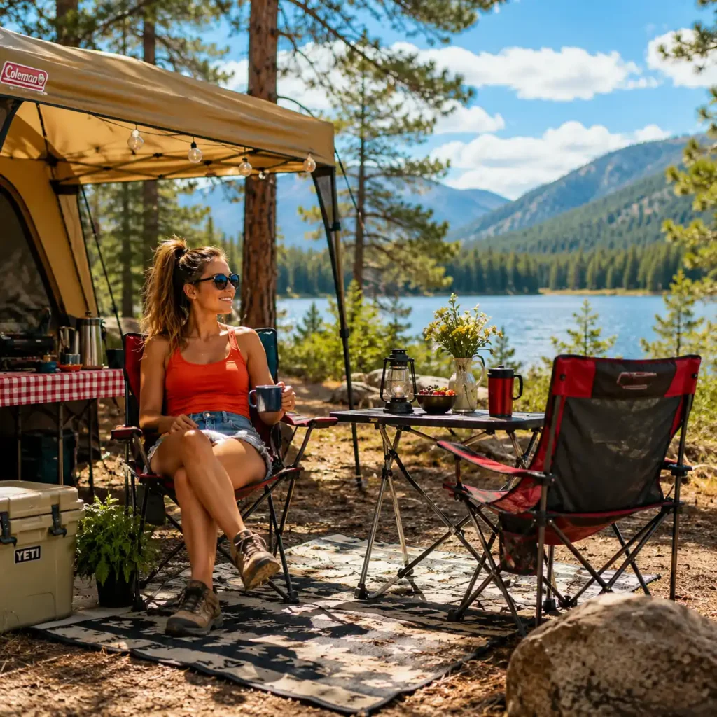 Woman relaxing at a comfortable lakeside campsite featuring camping chairs, outdoor furniture, shade shelter, and campsite living essentials.