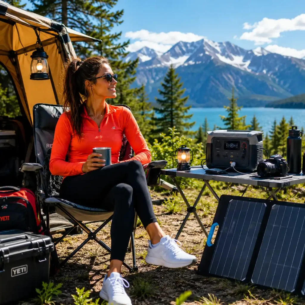 Woman relaxing at a sunny lakeside campsite with a portable power station, solar panels, camping lantern, and outdoor gadgets designed for comfortable off-grid camping.